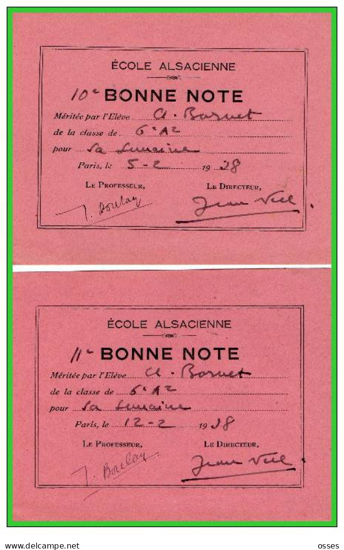 ECOLE ALSACIENNE-Quinze Bonne Note Méritée par l'Eléve n°1 à15 Année Scolaire1937/38(rectos versos)