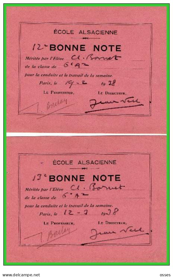 ECOLE ALSACIENNE-Quinze Bonne Note Méritée par l'Eléve n°1 à15 Année Scolaire1937/38(rectos versos)