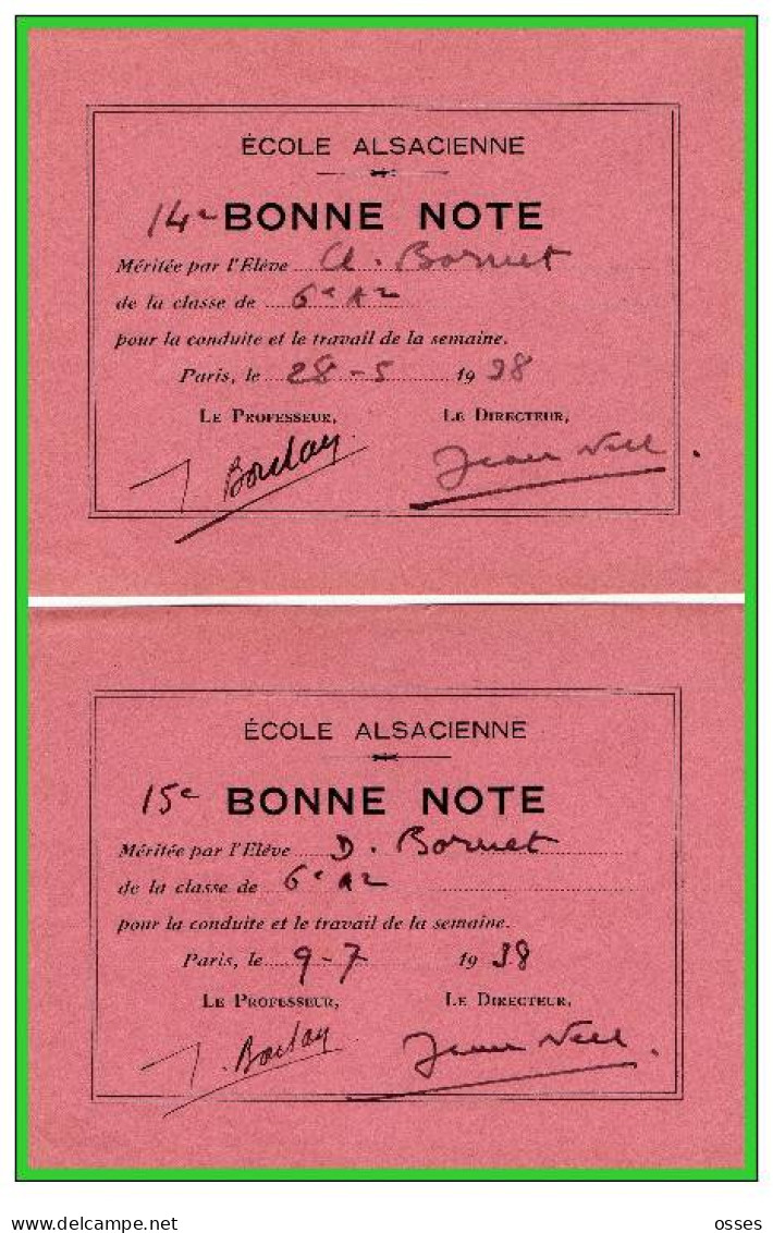 ECOLE ALSACIENNE-Quinze Bonne Note Méritée par l'Eléve n°1 à15 Année Scolaire1937/38(rectos versos)