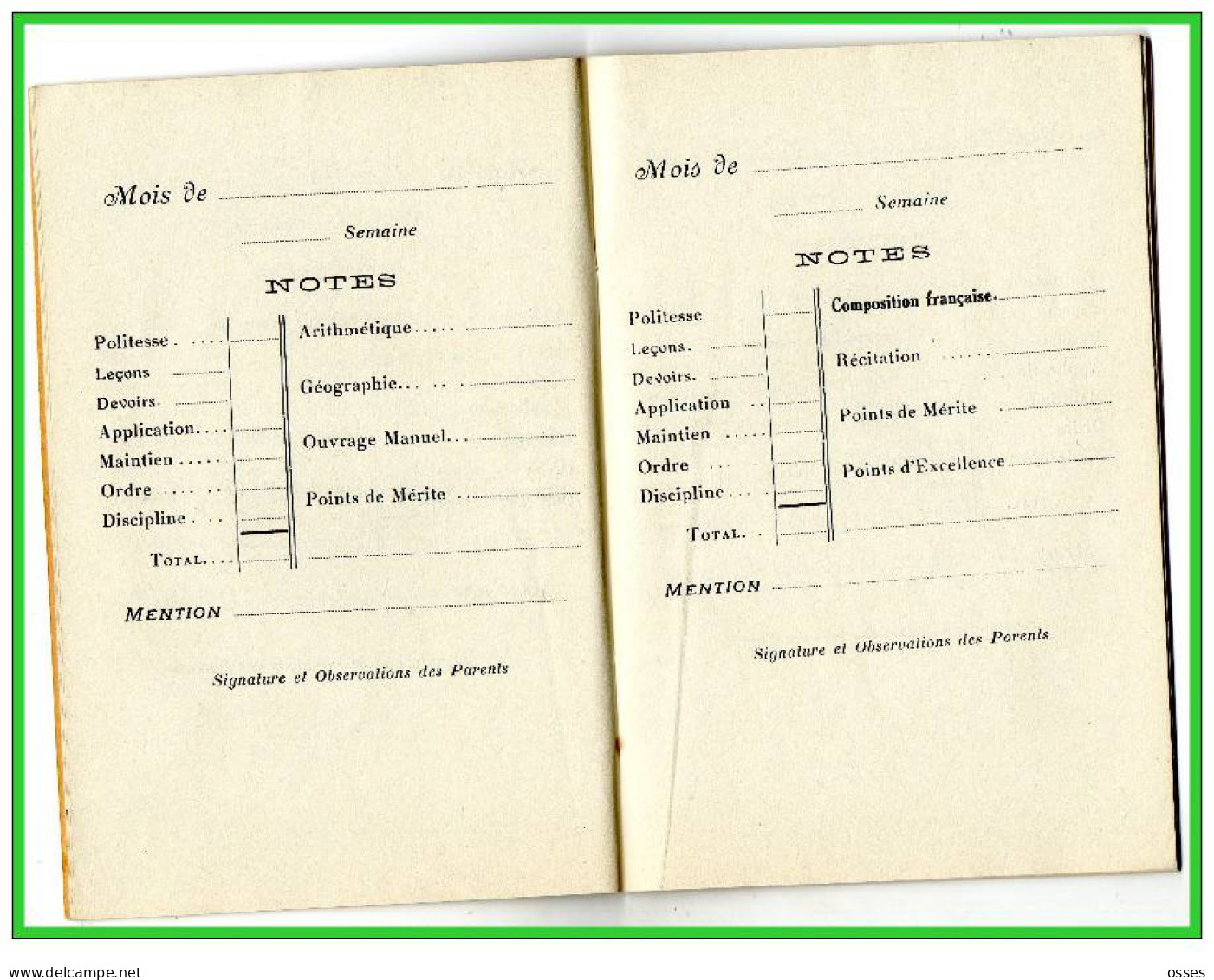 Ecole non précisé.Carnet de Notes  Politesse.Application.Maintien.Ordre Discipline. (recto,verso, intérieurs)