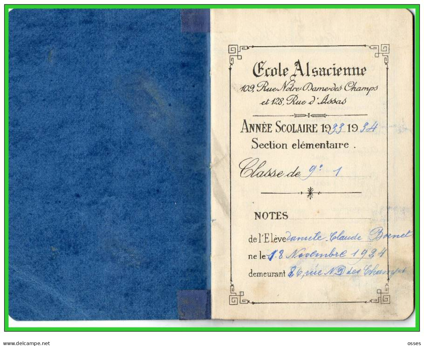 Carnet De Notes ECOLE ALSACIENNE à Paris. AnnéeScolaire 1933/34 (recto,verso, Intérieurs) - Diplômes & Bulletins Scolaires
