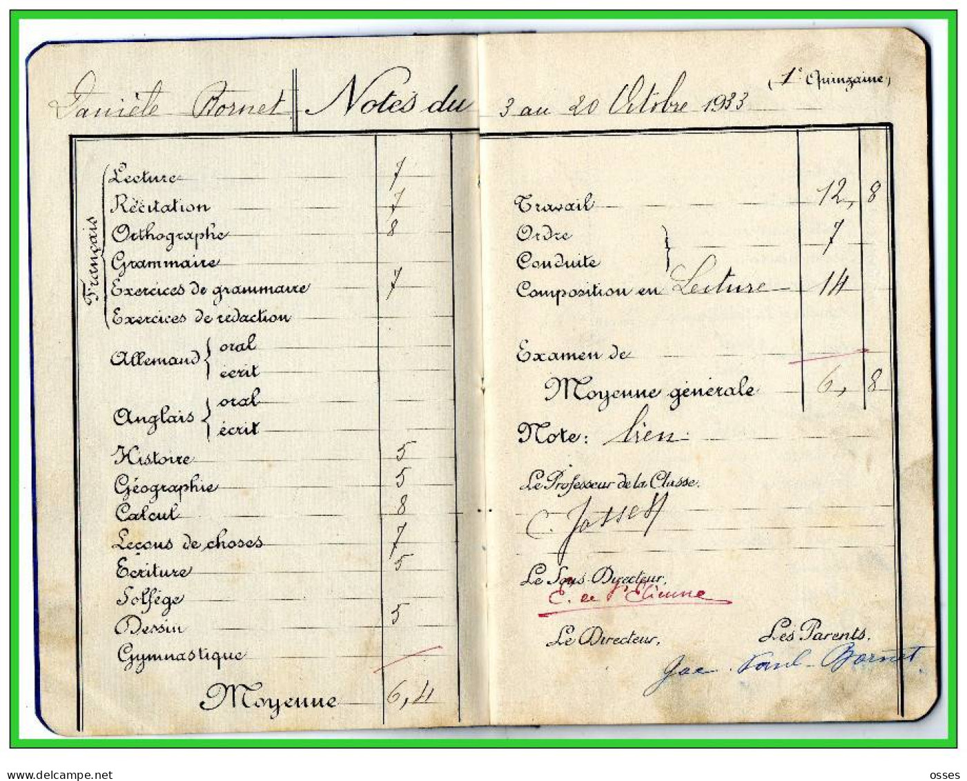 Carnet De Notes ECOLE ALSACIENNE à Paris. AnnéeScolaire 1933/34 (recto,verso, Intérieurs) - Diplômes & Bulletins Scolaires