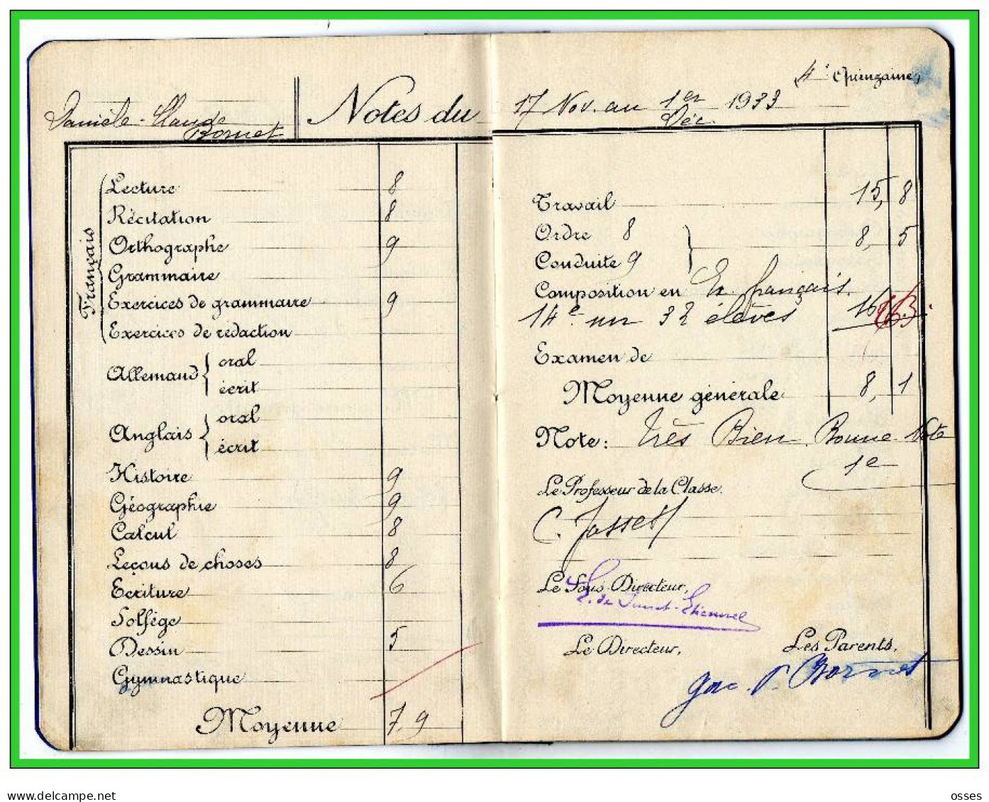 Carnet de Notes ECOLE ALSACIENNE à Paris. AnnéeScolaire 1933/34 (recto,verso, intérieurs)