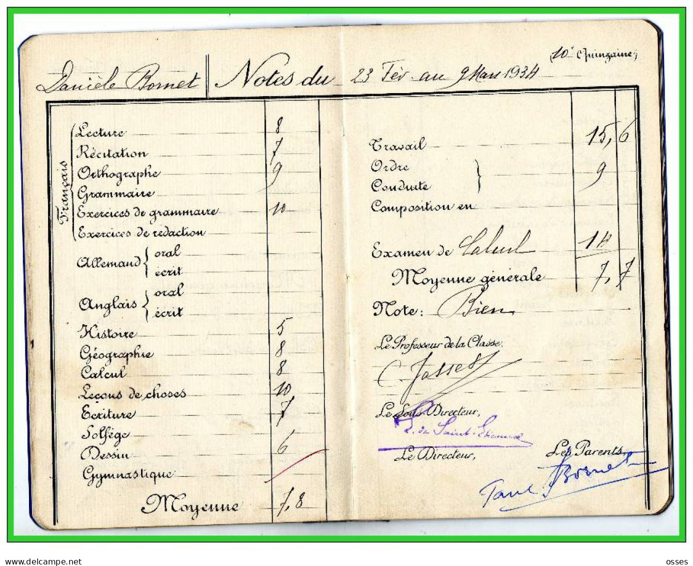 Carnet de Notes ECOLE ALSACIENNE à Paris. AnnéeScolaire 1933/34 (recto,verso, intérieurs)