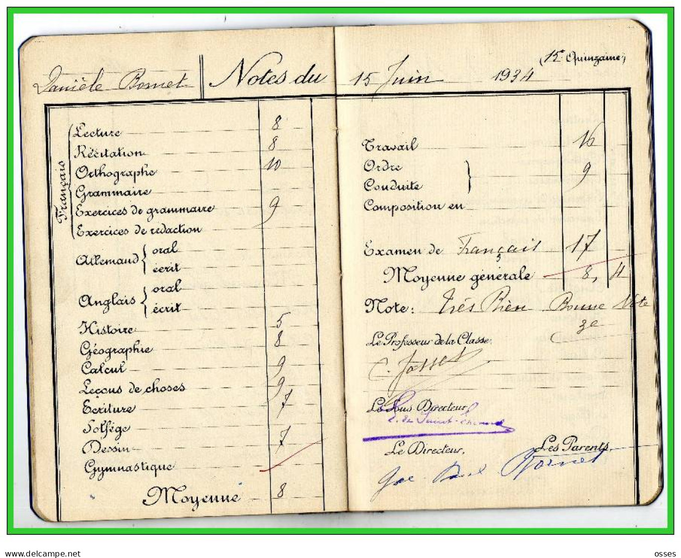 Carnet de Notes ECOLE ALSACIENNE à Paris. AnnéeScolaire 1933/34 (recto,verso, intérieurs)