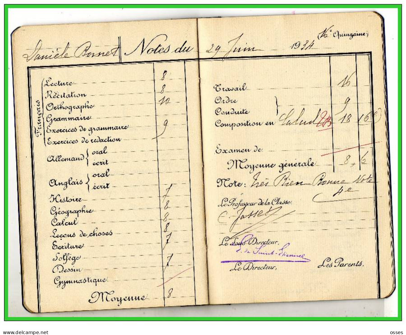 Carnet de Notes ECOLE ALSACIENNE à Paris. AnnéeScolaire 1933/34 (recto,verso, intérieurs)