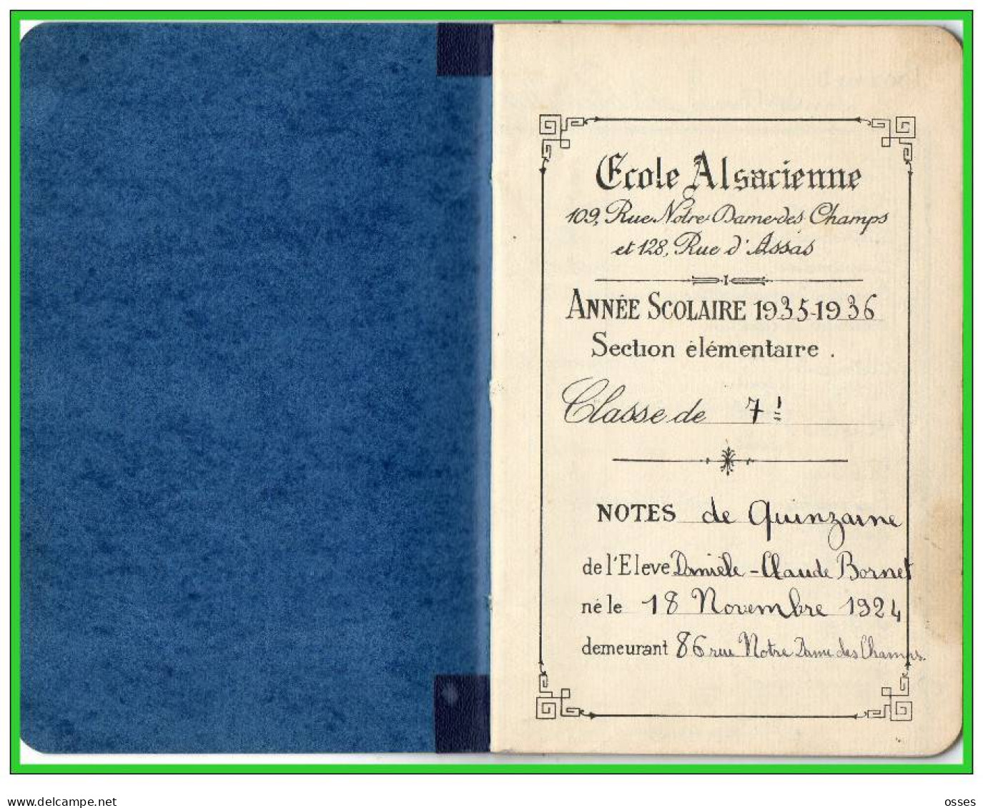 Carnet De Notes ECOLE ALSACIENNE à Paris. AnnéeScolaire 1935/36 (recto,verso, Intérieurs) - Diplômes & Bulletins Scolaires