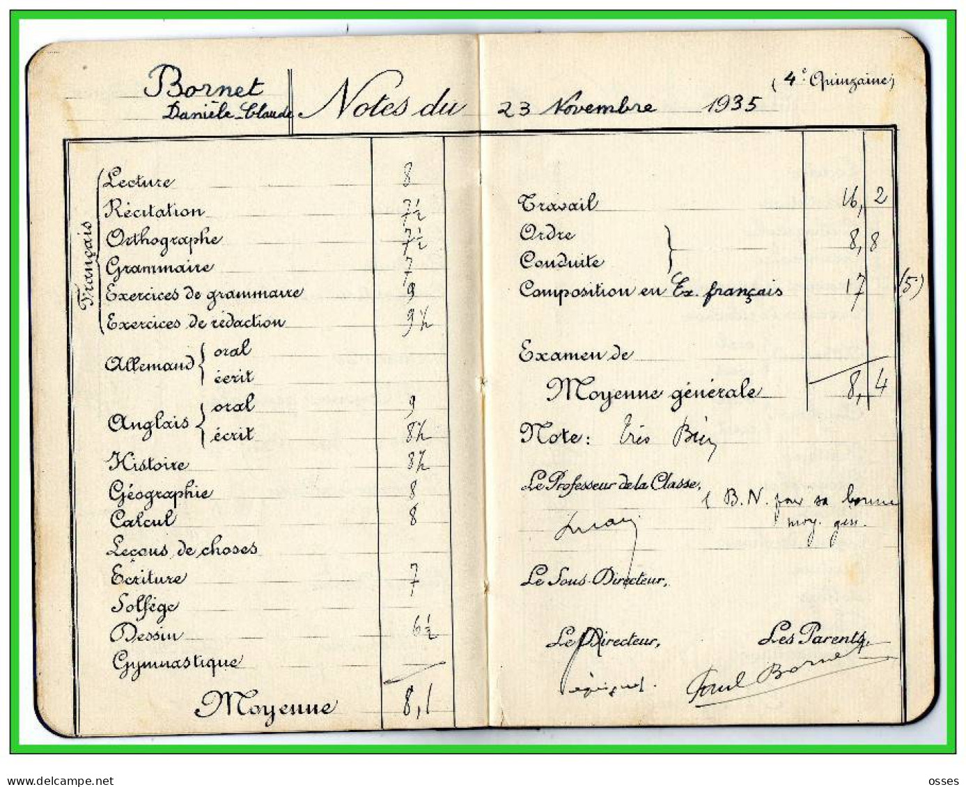 Carnet de Notes ECOLE ALSACIENNE à Paris. AnnéeScolaire 1935/36 (recto,verso, intérieurs)