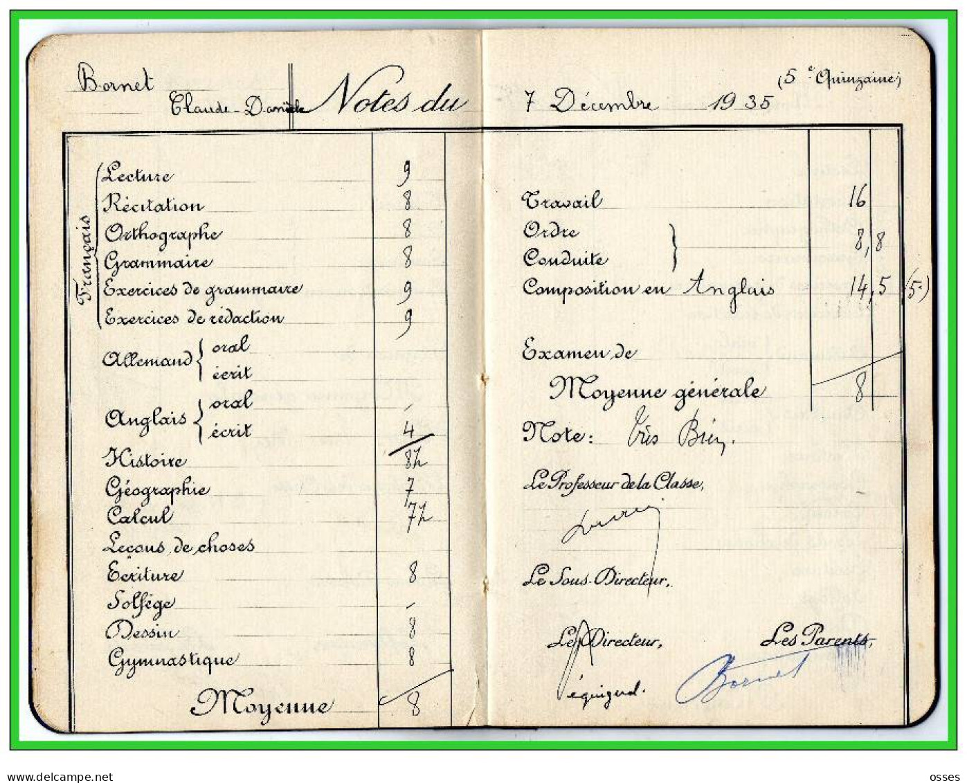 Carnet de Notes ECOLE ALSACIENNE à Paris. AnnéeScolaire 1935/36 (recto,verso, intérieurs)