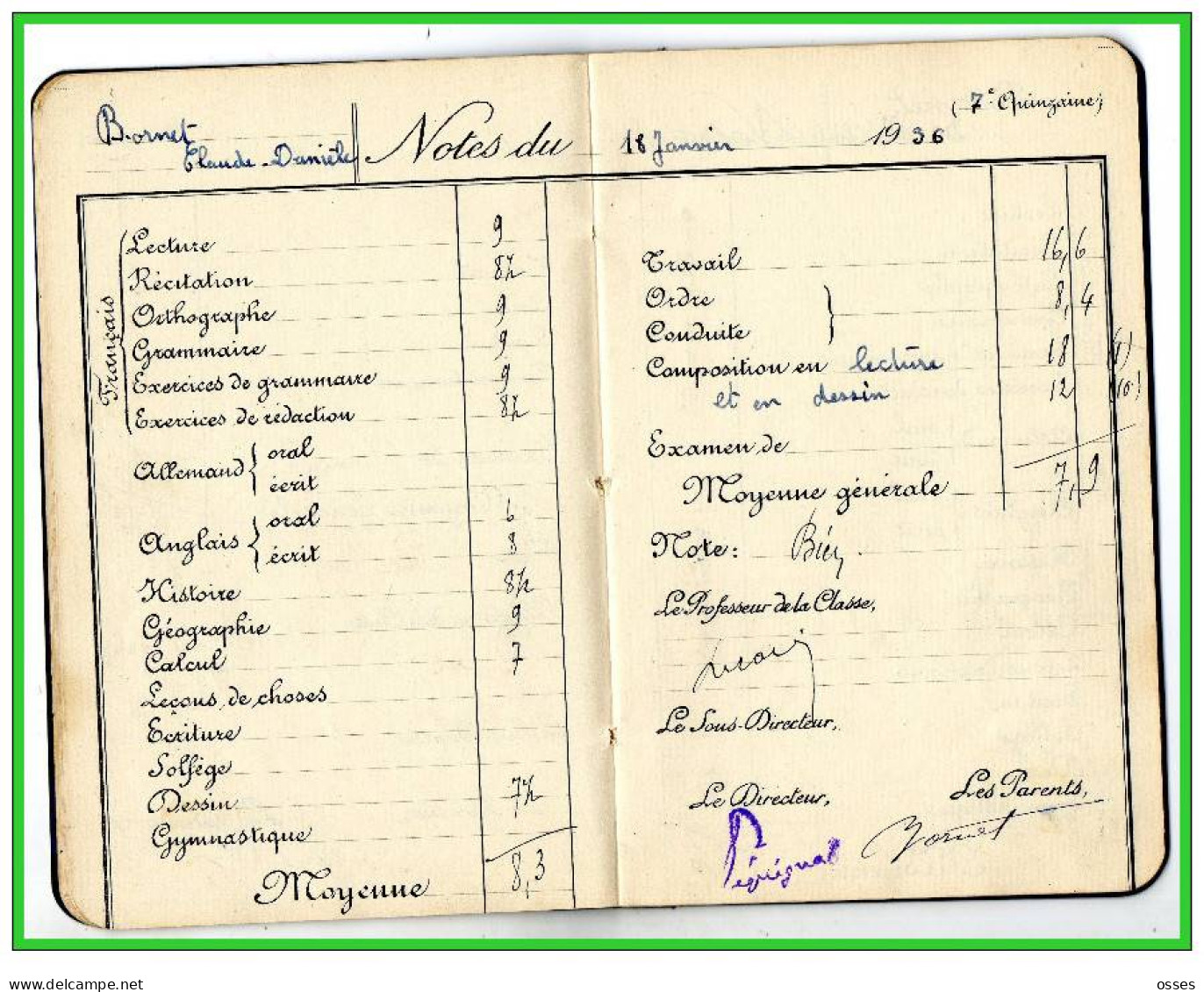 Carnet de Notes ECOLE ALSACIENNE à Paris. AnnéeScolaire 1935/36 (recto,verso, intérieurs)