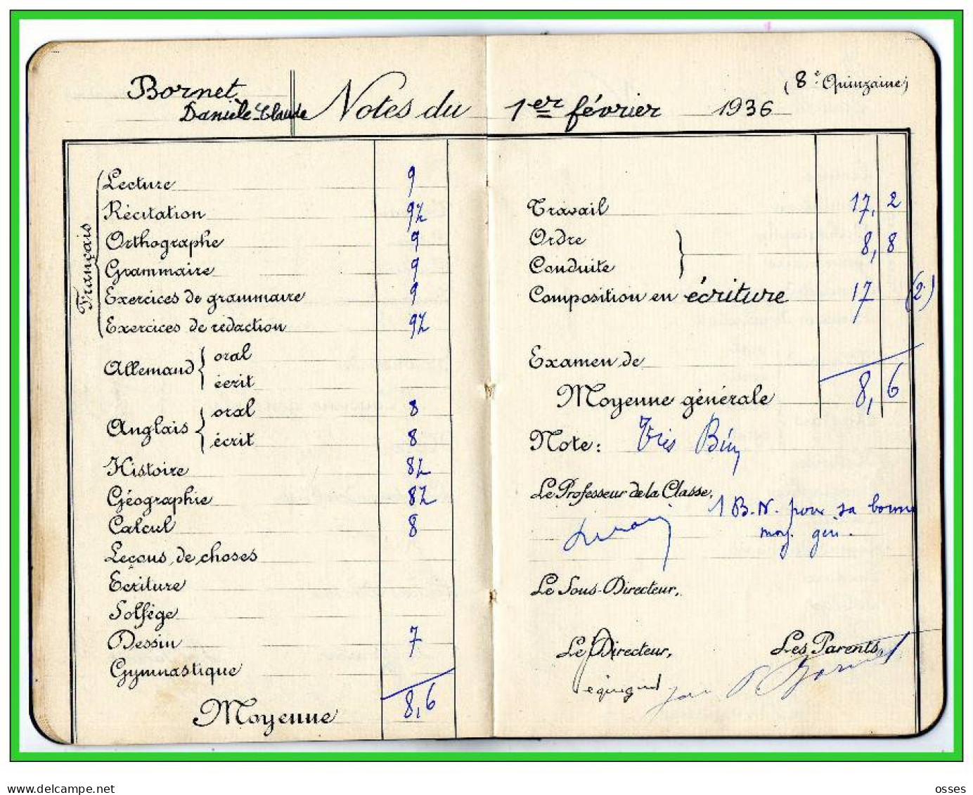 Carnet de Notes ECOLE ALSACIENNE à Paris. AnnéeScolaire 1935/36 (recto,verso, intérieurs)