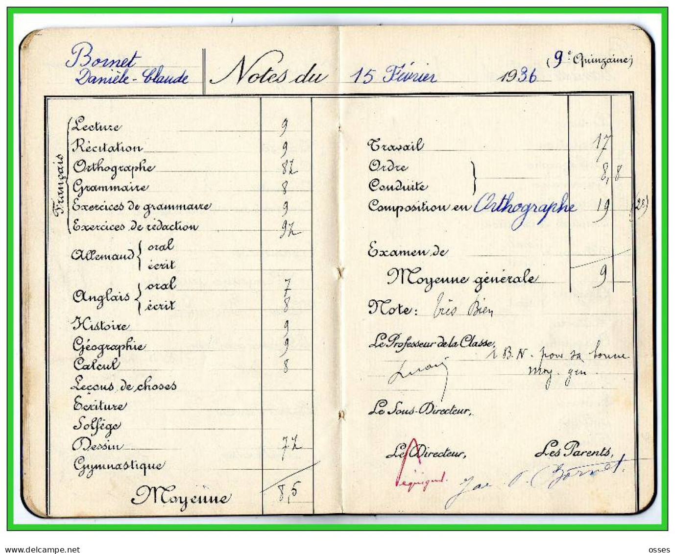 Carnet de Notes ECOLE ALSACIENNE à Paris. AnnéeScolaire 1935/36 (recto,verso, intérieurs)