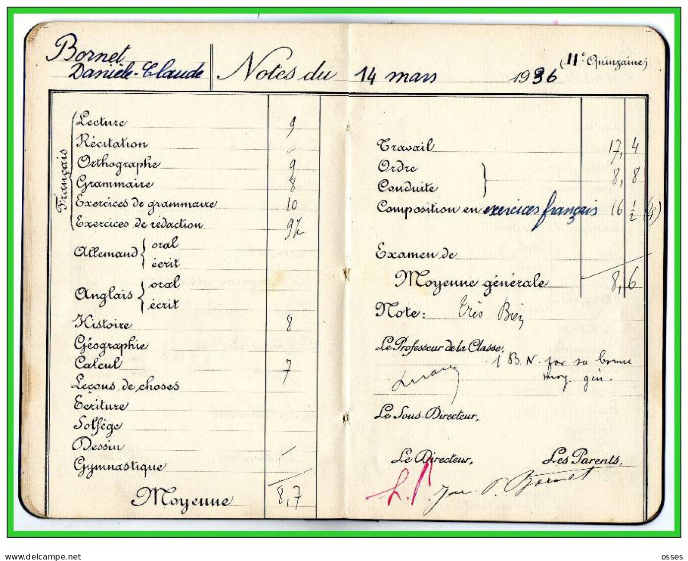 Carnet de Notes ECOLE ALSACIENNE à Paris. AnnéeScolaire 1935/36 (recto,verso, intérieurs)