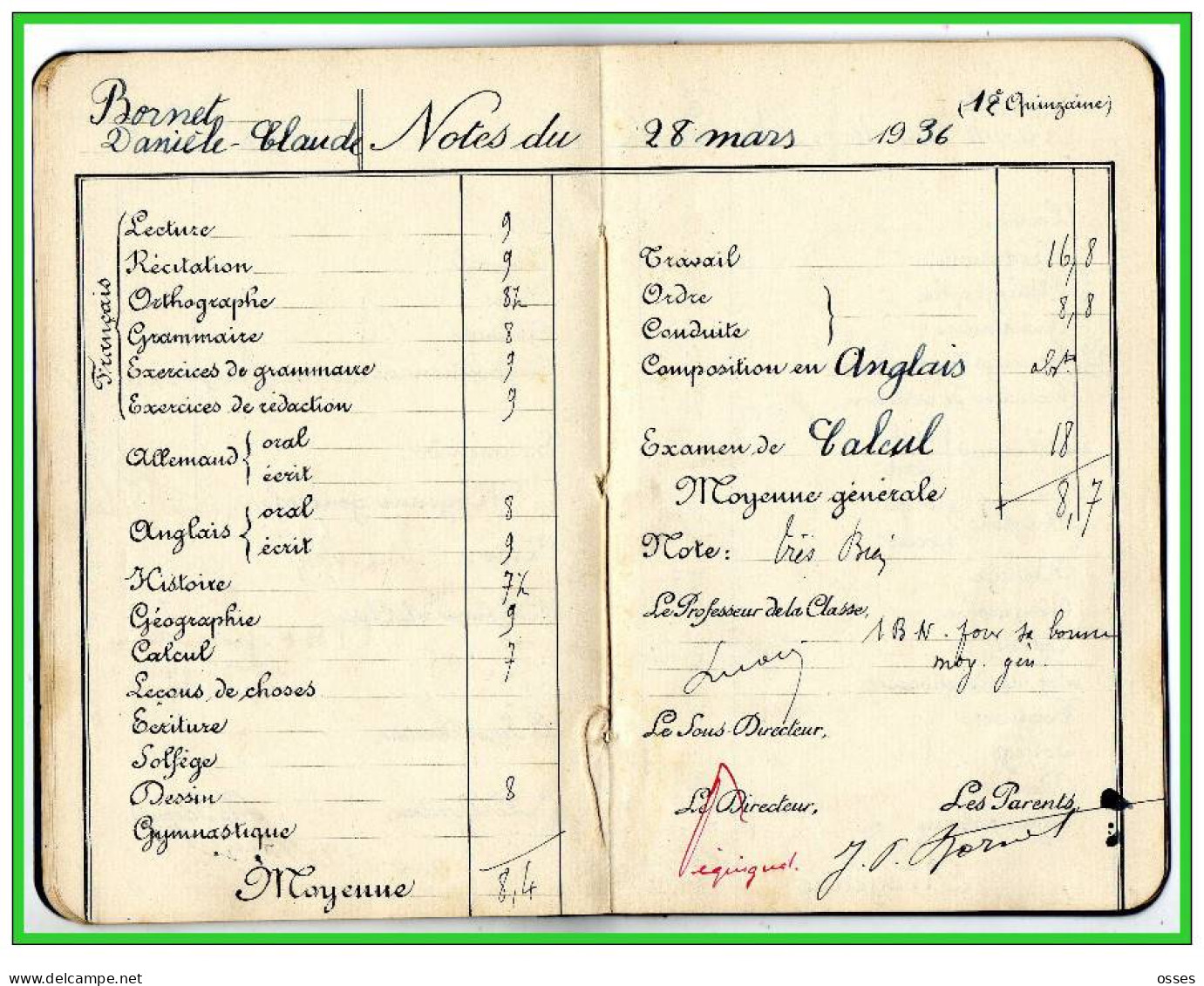 Carnet de Notes ECOLE ALSACIENNE à Paris. AnnéeScolaire 1935/36 (recto,verso, intérieurs)