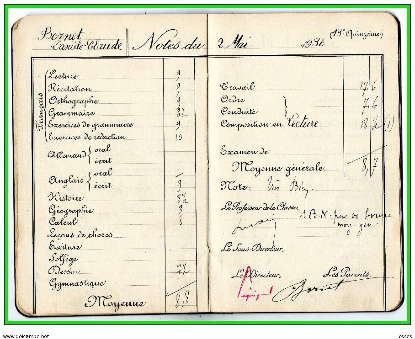 Carnet de Notes ECOLE ALSACIENNE à Paris. AnnéeScolaire 1935/36 (recto,verso, intérieurs)