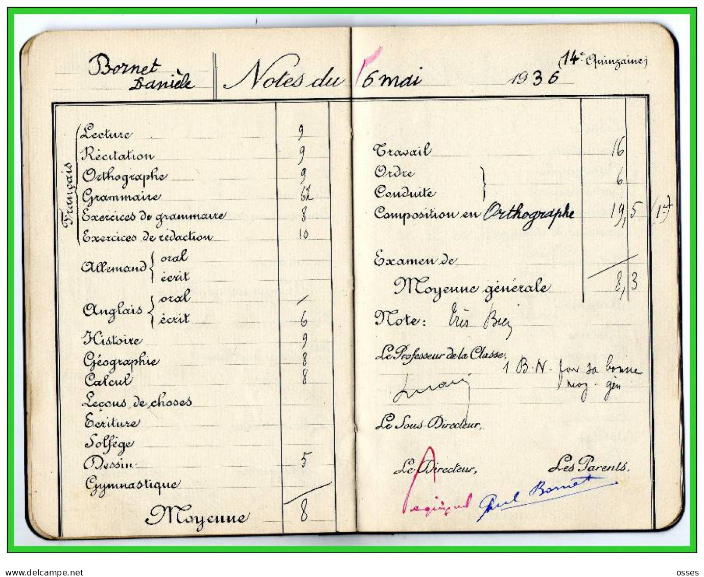 Carnet de Notes ECOLE ALSACIENNE à Paris. AnnéeScolaire 1935/36 (recto,verso, intérieurs)