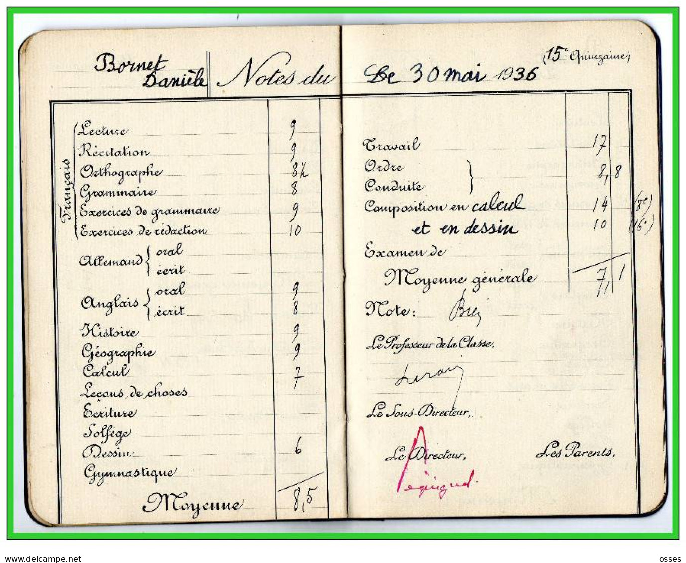 Carnet de Notes ECOLE ALSACIENNE à Paris. AnnéeScolaire 1935/36 (recto,verso, intérieurs)