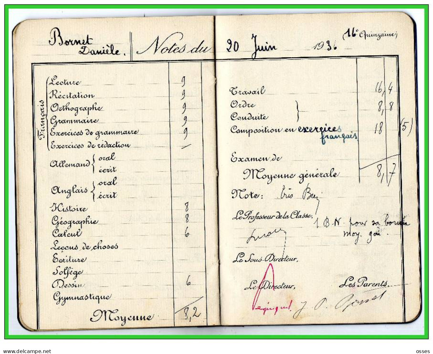 Carnet de Notes ECOLE ALSACIENNE à Paris. AnnéeScolaire 1935/36 (recto,verso, intérieurs)