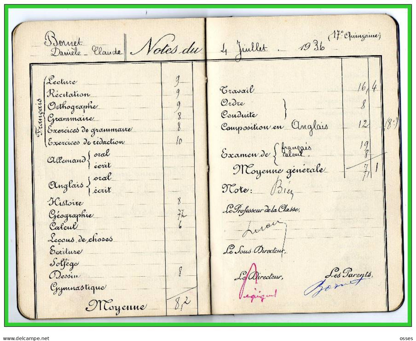 Carnet de Notes ECOLE ALSACIENNE à Paris. AnnéeScolaire 1935/36 (recto,verso, intérieurs)