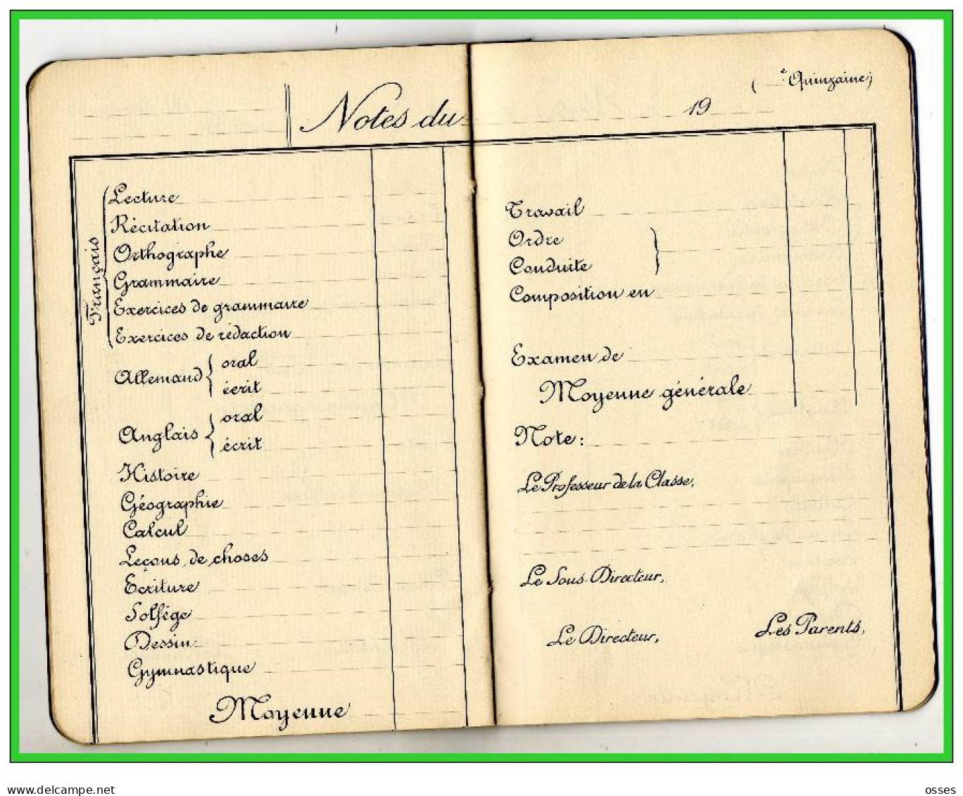 Carnet de Notes ECOLE ALSACIENNE à Paris. AnnéeScolaire 1935/36 (recto,verso, intérieurs)