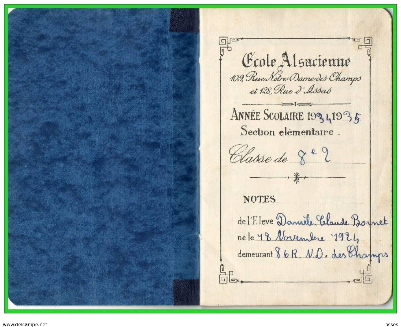 Carnet De Notes ECOLE ALSACIENNE à Paris. AnnéeScolaire 1934/35 (recto,verso, Intérieurs) - Diplômes & Bulletins Scolaires