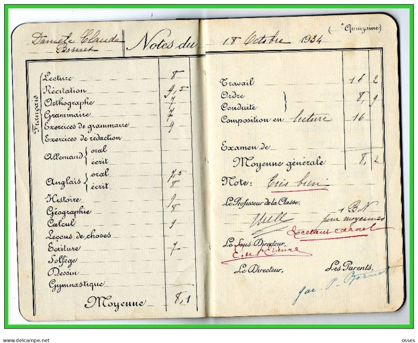 Carnet De Notes ECOLE ALSACIENNE à Paris. AnnéeScolaire 1934/35 (recto,verso, Intérieurs) - Diplômes & Bulletins Scolaires