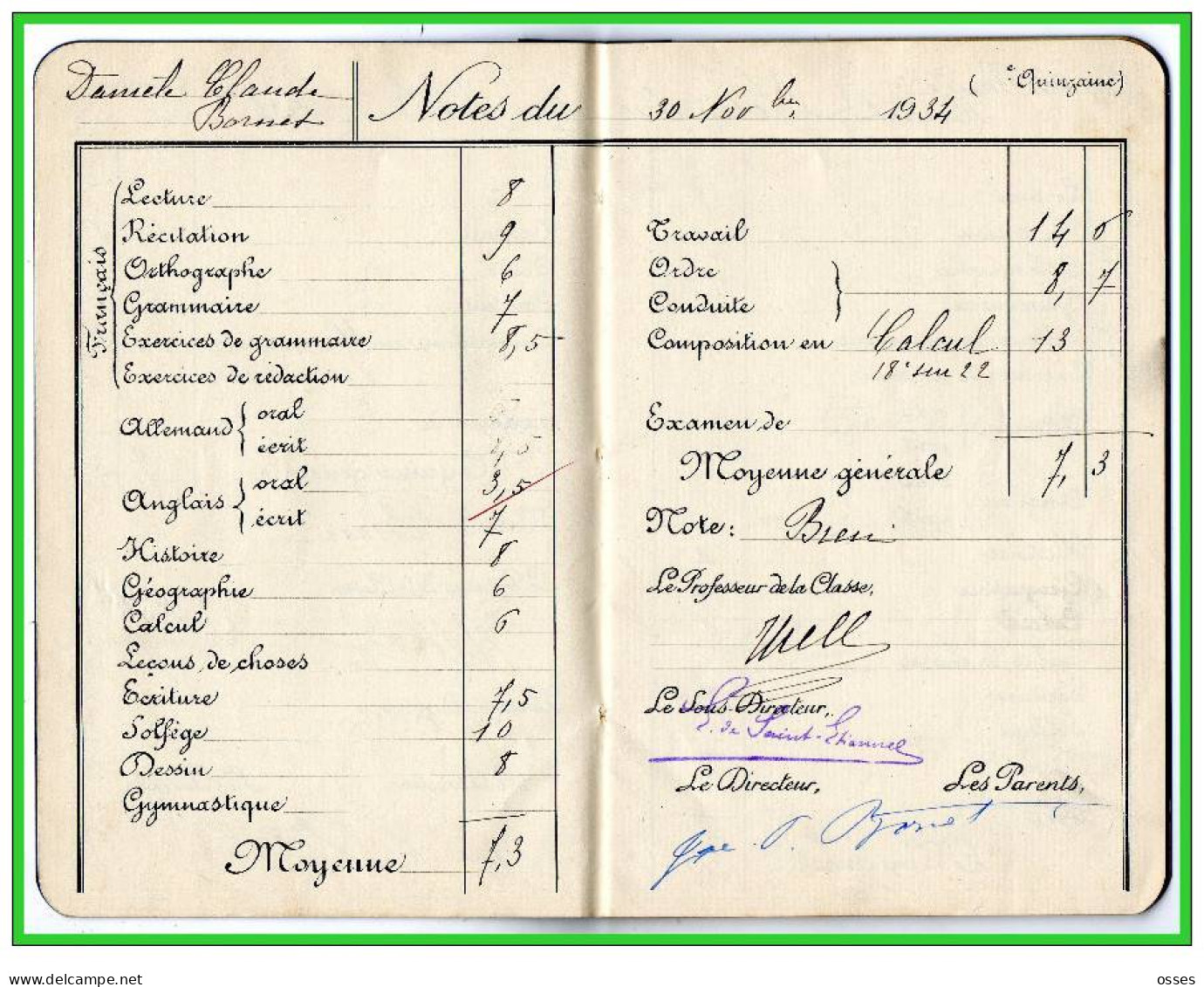 Carnet de Notes ECOLE ALSACIENNE à Paris. AnnéeScolaire 1934/35 (recto,verso, intérieurs)