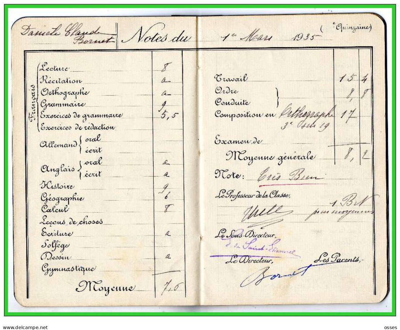 Carnet de Notes ECOLE ALSACIENNE à Paris. AnnéeScolaire 1934/35 (recto,verso, intérieurs)