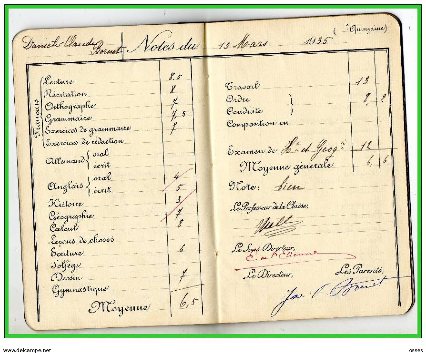 Carnet de Notes ECOLE ALSACIENNE à Paris. AnnéeScolaire 1934/35 (recto,verso, intérieurs)