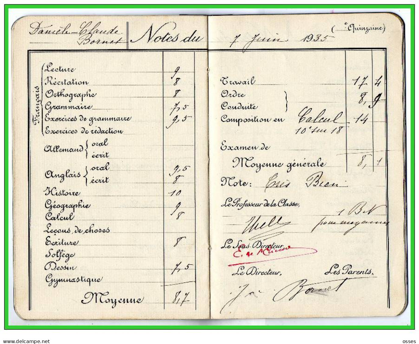 Carnet de Notes ECOLE ALSACIENNE à Paris. AnnéeScolaire 1934/35 (recto,verso, intérieurs)