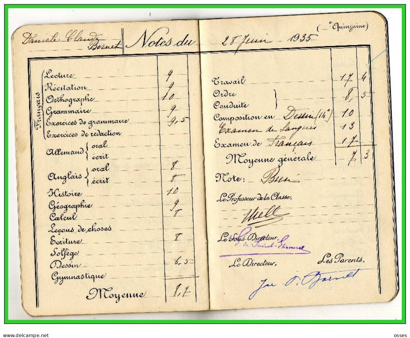 Carnet de Notes ECOLE ALSACIENNE à Paris. AnnéeScolaire 1934/35 (recto,verso, intérieurs)