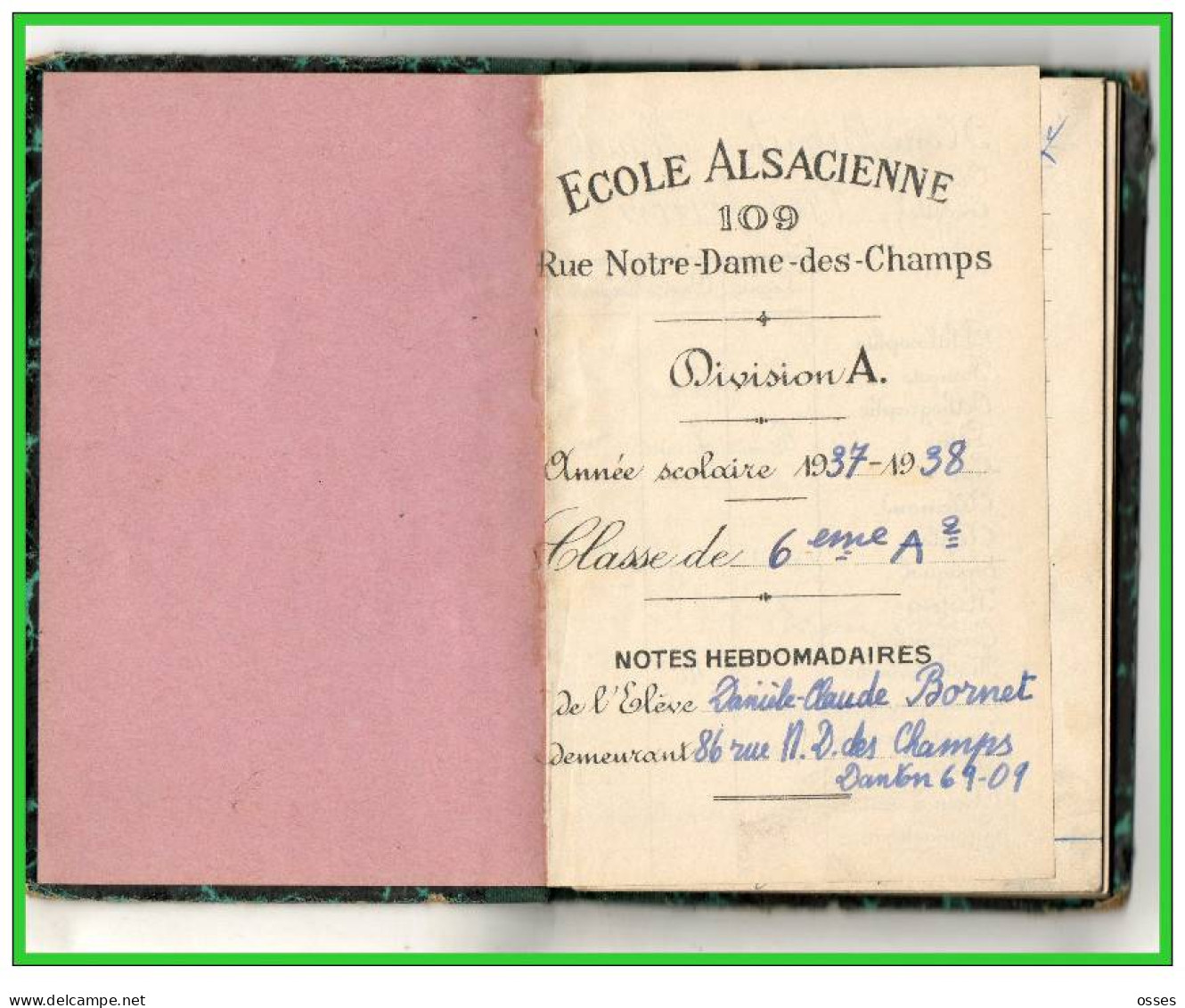 Carnet De Notes ECOLE ALSACIENNE à Paris. AnnéeScolaire 1937/38 (recto,verso, Intérieurs) - Diplômes & Bulletins Scolaires