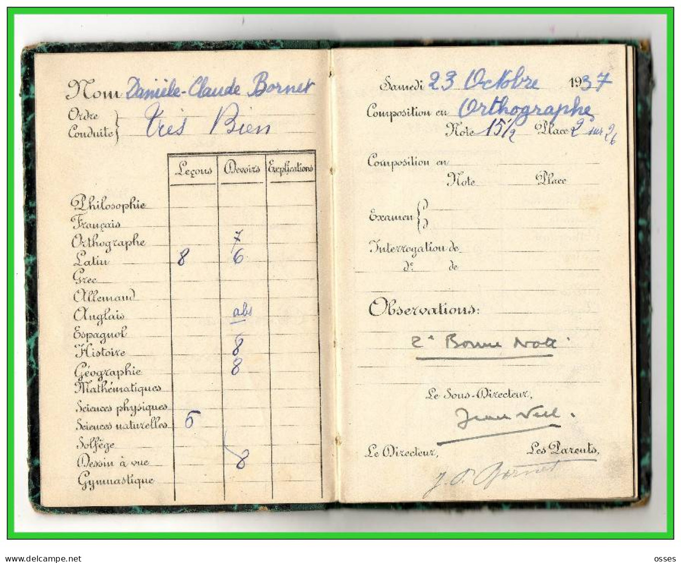 Carnet De Notes ECOLE ALSACIENNE à Paris. AnnéeScolaire 1937/38 (recto,verso, Intérieurs) - Diplômes & Bulletins Scolaires