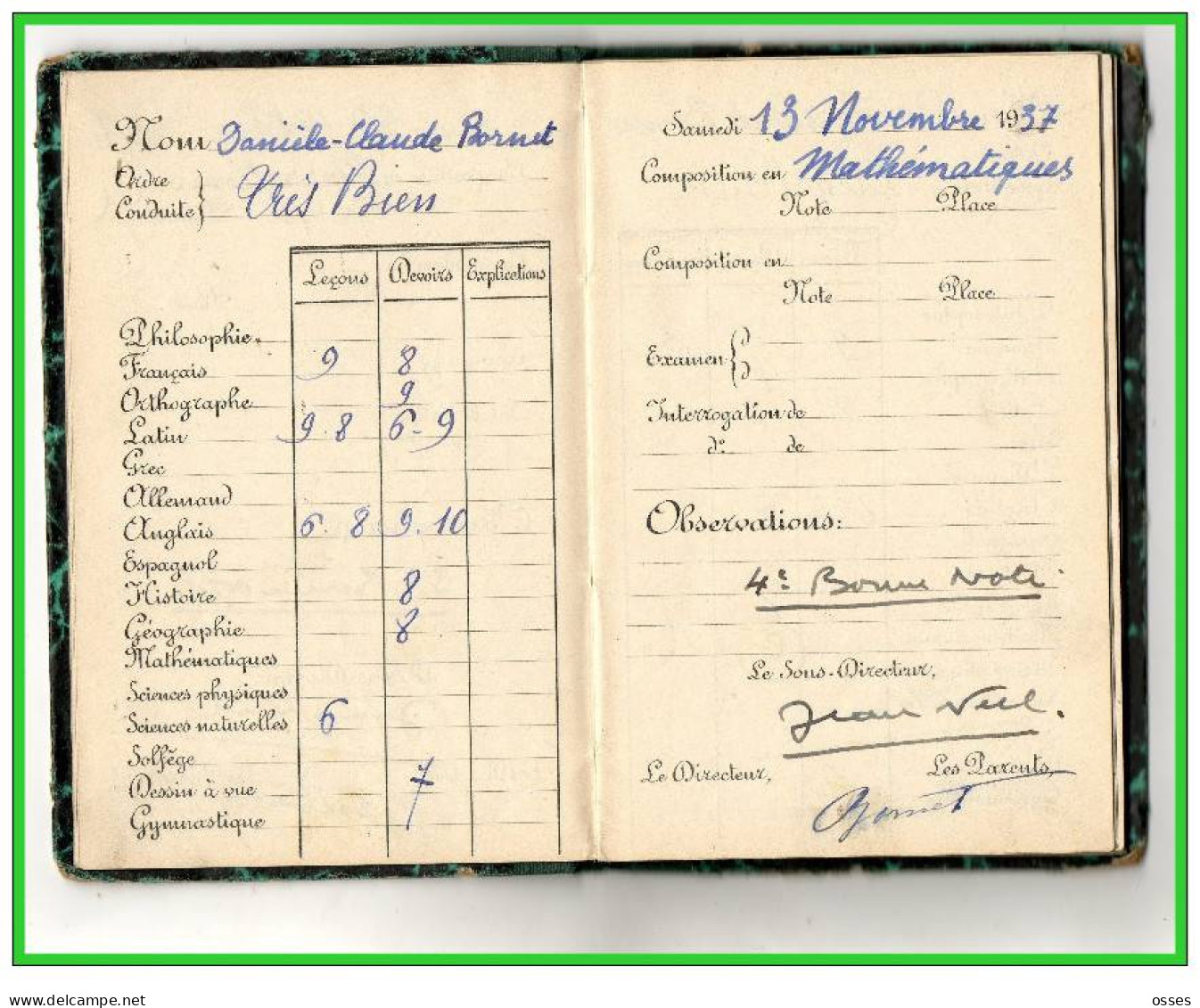 Carnet de Notes ECOLE ALSACIENNE à Paris. AnnéeScolaire 1937/38 (recto,verso, intérieurs)