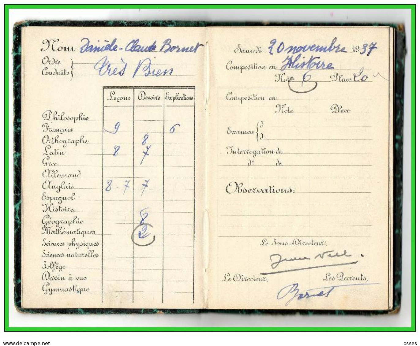 Carnet de Notes ECOLE ALSACIENNE à Paris. AnnéeScolaire 1937/38 (recto,verso, intérieurs)