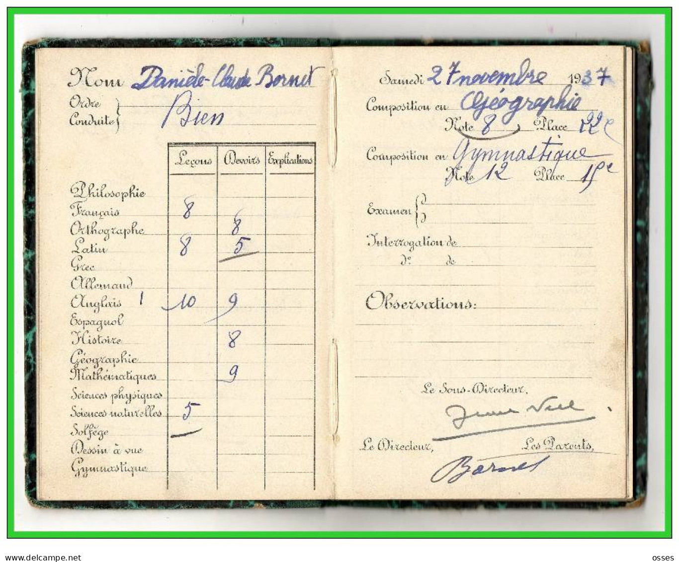 Carnet de Notes ECOLE ALSACIENNE à Paris. AnnéeScolaire 1937/38 (recto,verso, intérieurs)