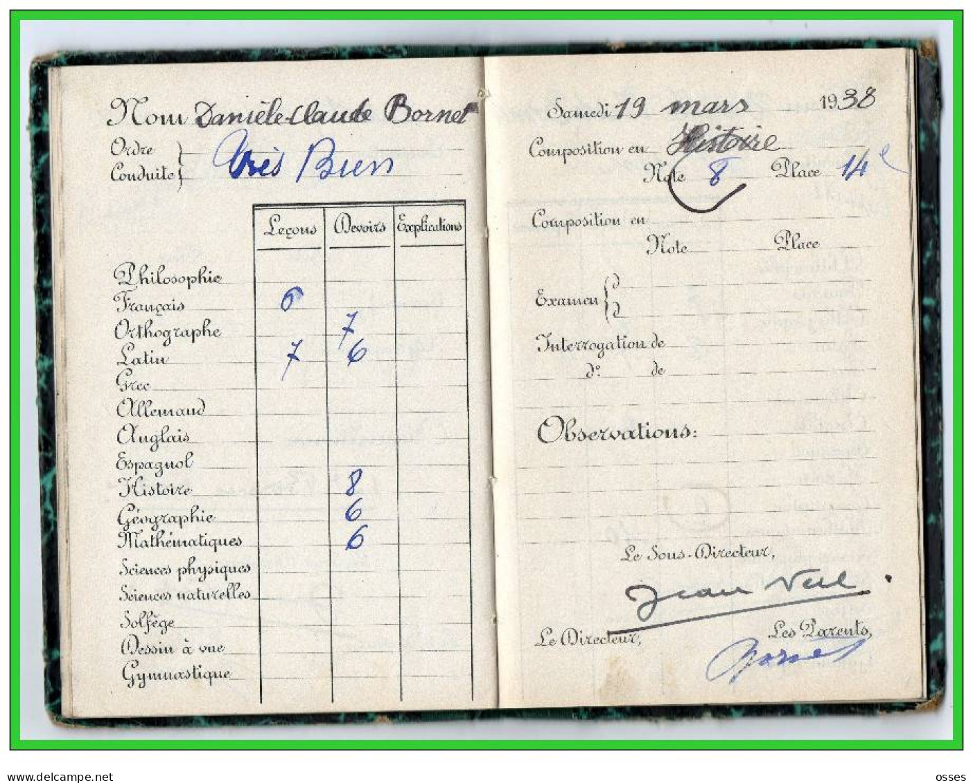 Carnet de Notes ECOLE ALSACIENNE à Paris. AnnéeScolaire 1937/38 (recto,verso, intérieurs)