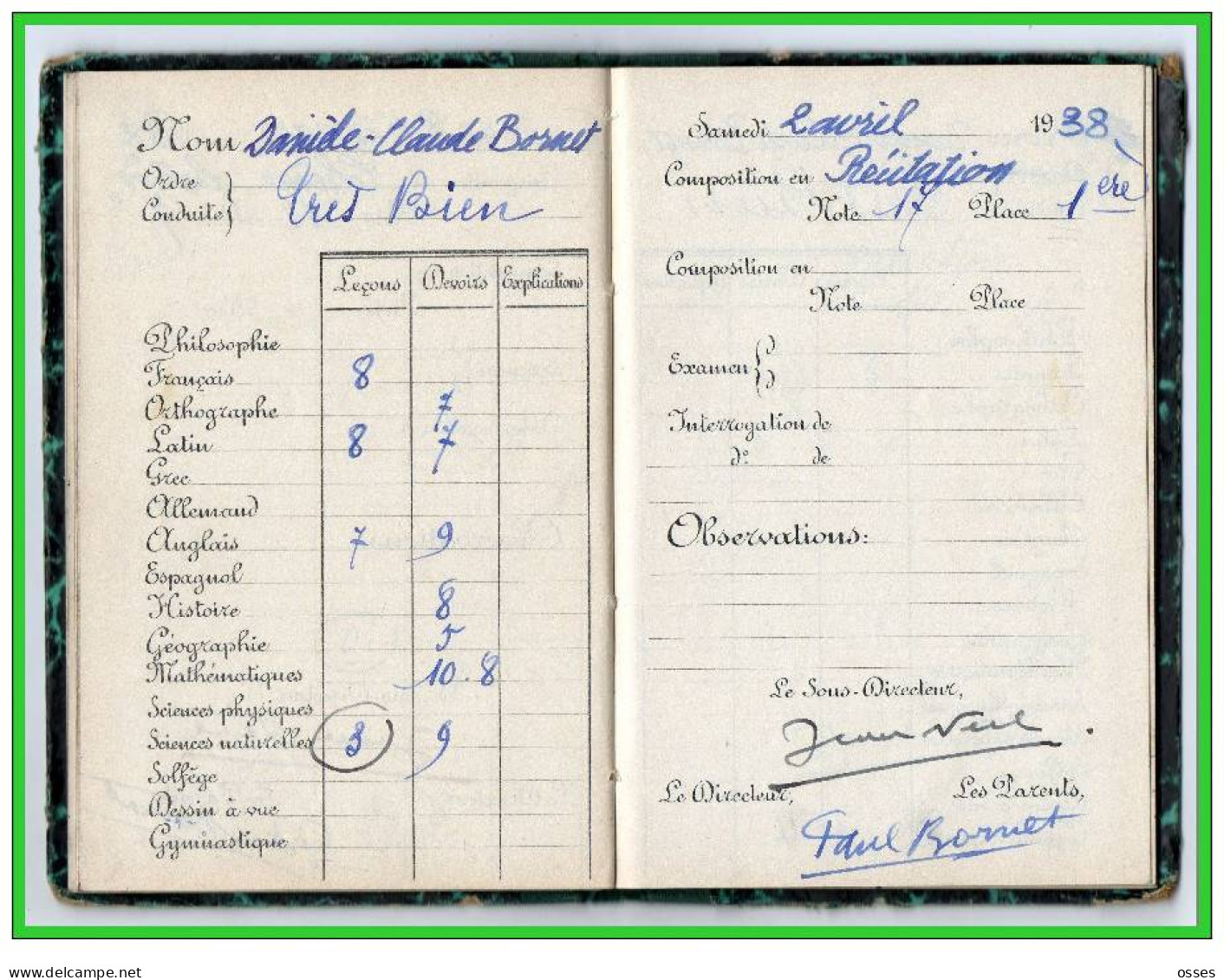 Carnet de Notes ECOLE ALSACIENNE à Paris. AnnéeScolaire 1937/38 (recto,verso, intérieurs)