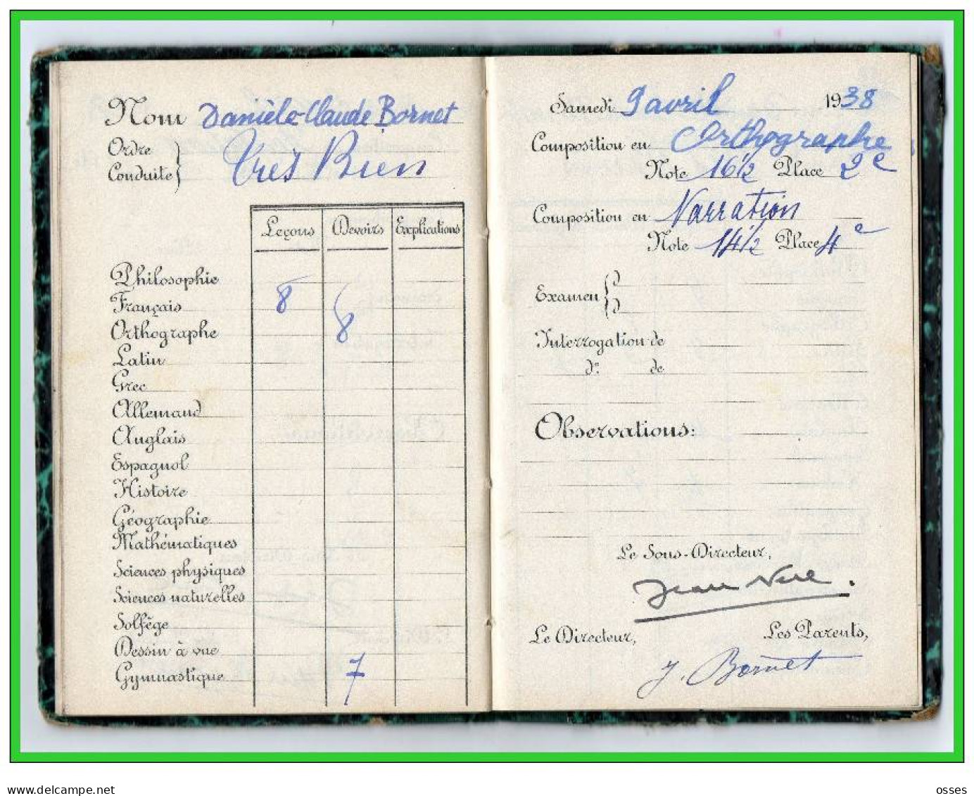 Carnet de Notes ECOLE ALSACIENNE à Paris. AnnéeScolaire 1937/38 (recto,verso, intérieurs)