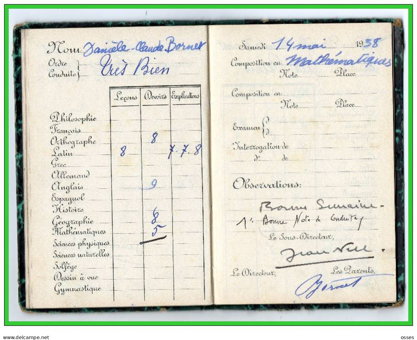 Carnet de Notes ECOLE ALSACIENNE à Paris. AnnéeScolaire 1937/38 (recto,verso, intérieurs)