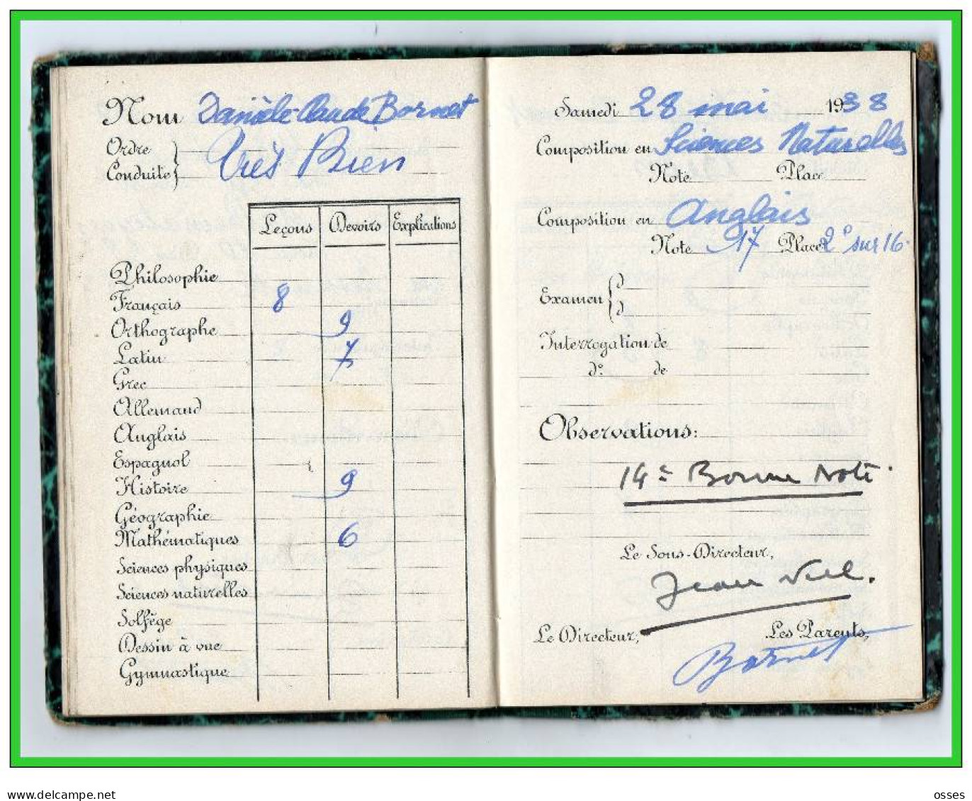 Carnet de Notes ECOLE ALSACIENNE à Paris. AnnéeScolaire 1937/38 (recto,verso, intérieurs)