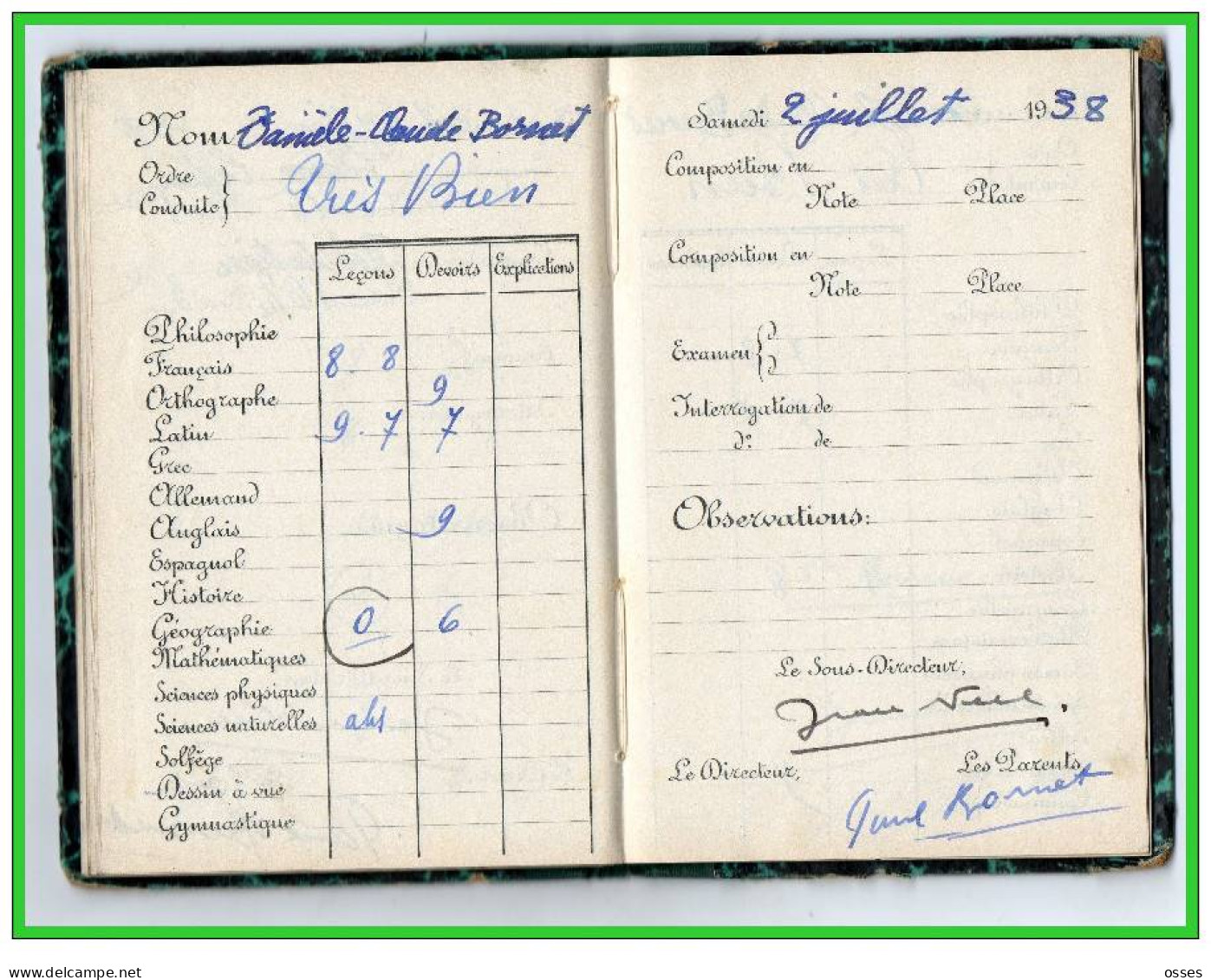 Carnet de Notes ECOLE ALSACIENNE à Paris. AnnéeScolaire 1937/38 (recto,verso, intérieurs)