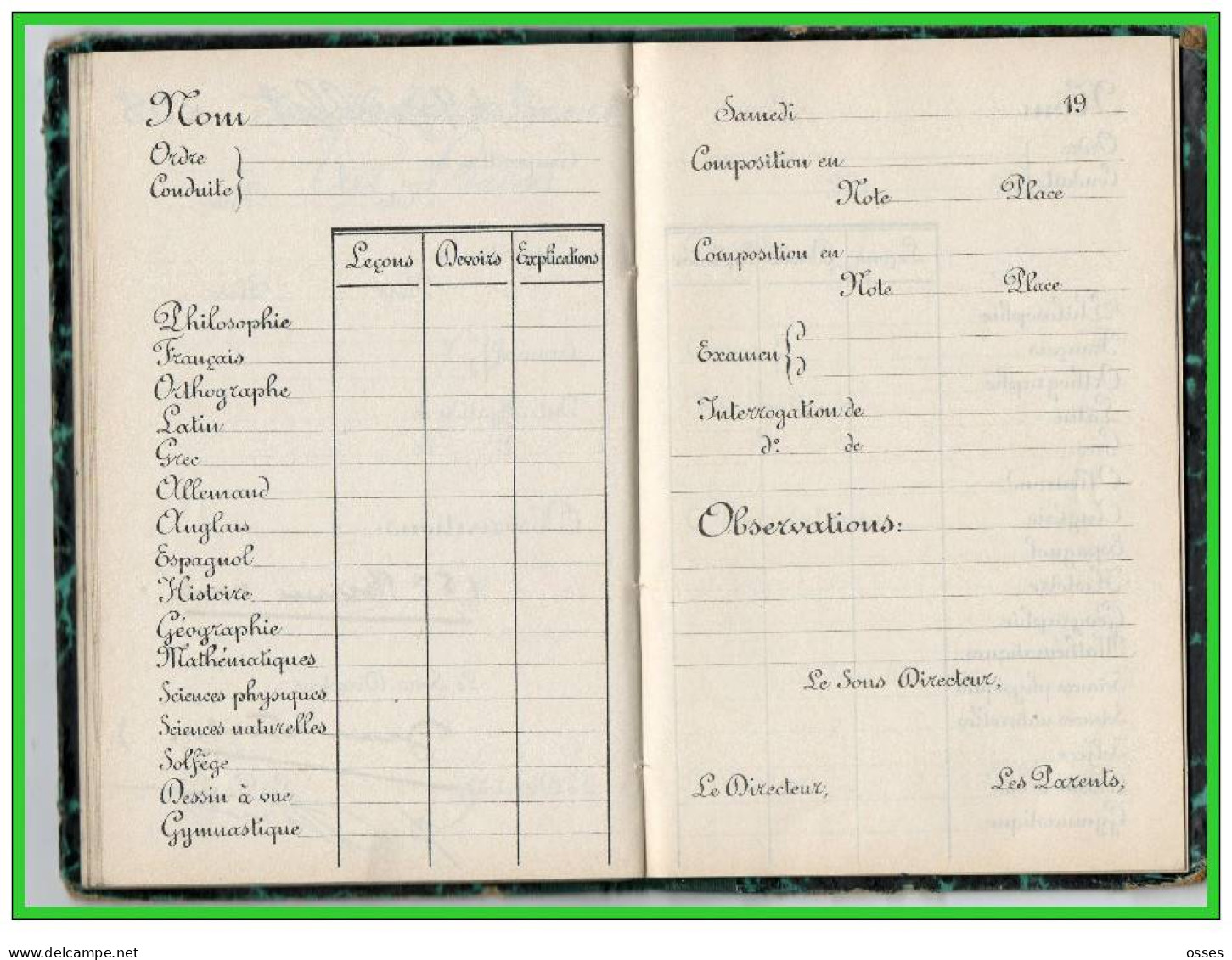 Carnet de Notes ECOLE ALSACIENNE à Paris. AnnéeScolaire 1937/38 (recto,verso, intérieurs)