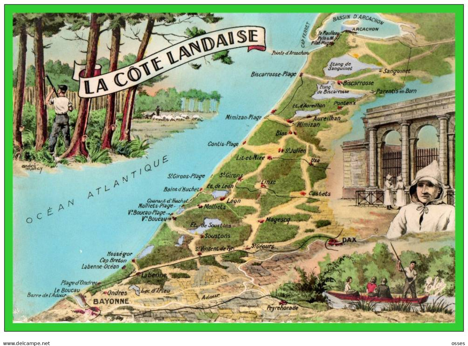 LA COTE LANDAISE. Carte Géographique.. " Le Boucau" (recto Verso) - Boucau