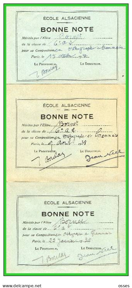 ECOLE ALSACIENNE-TROIS- BONNE NOTE-Orthographe Et Grammaire1937/38 (rectos Versos) - Diplômes & Bulletins Scolaires