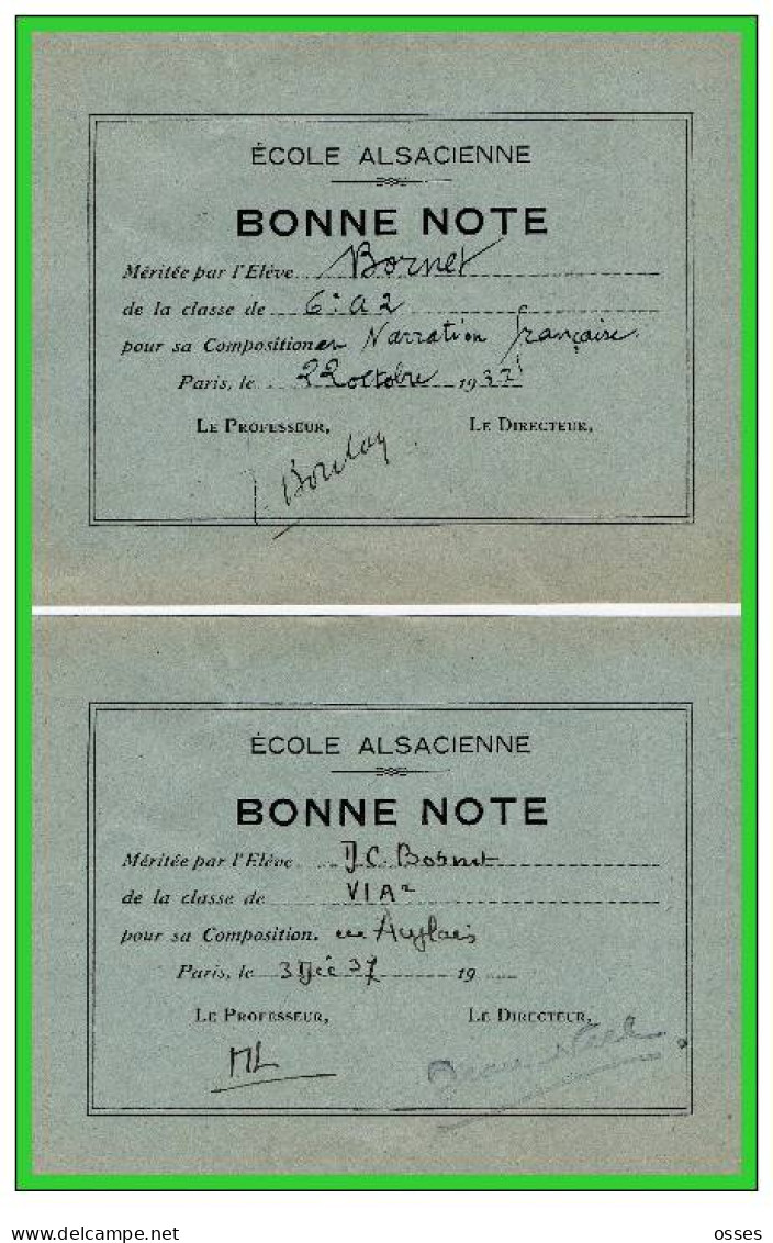 ECOLE ALSACIENNE-DEUX- BONNE NOTE Narration Française-Anglais 1937(rectos Versos) - Diplômes & Bulletins Scolaires