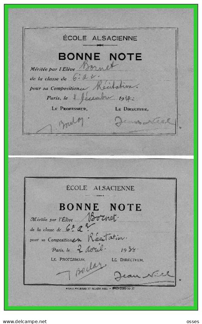 ECOLE ALSACIENNE-DEUX- BONNE NOTE En Récitations1937 Et 38  (rectos Versos) - Diplômes & Bulletins Scolaires