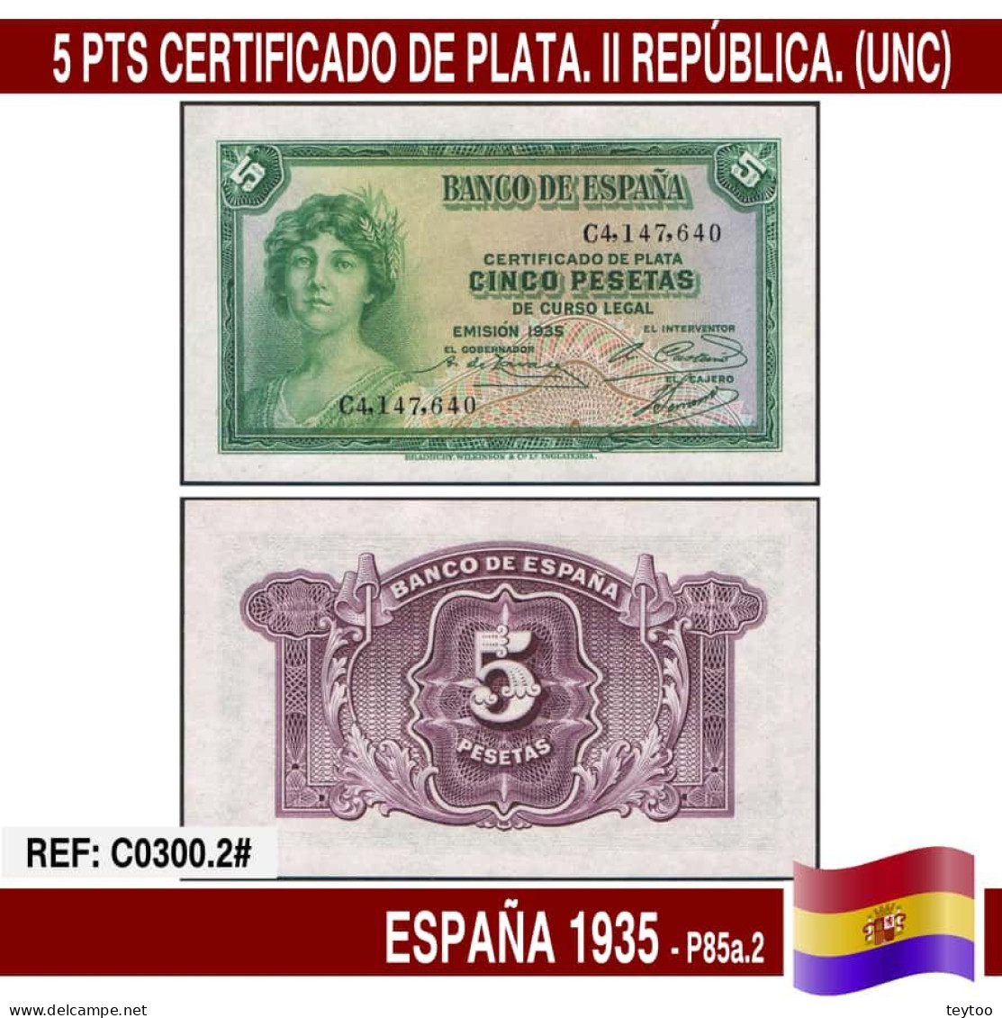 C0300.2# España 1935. 5 Pts. Certificado De Plata (UNC) P85a.2 - 5 Peseten