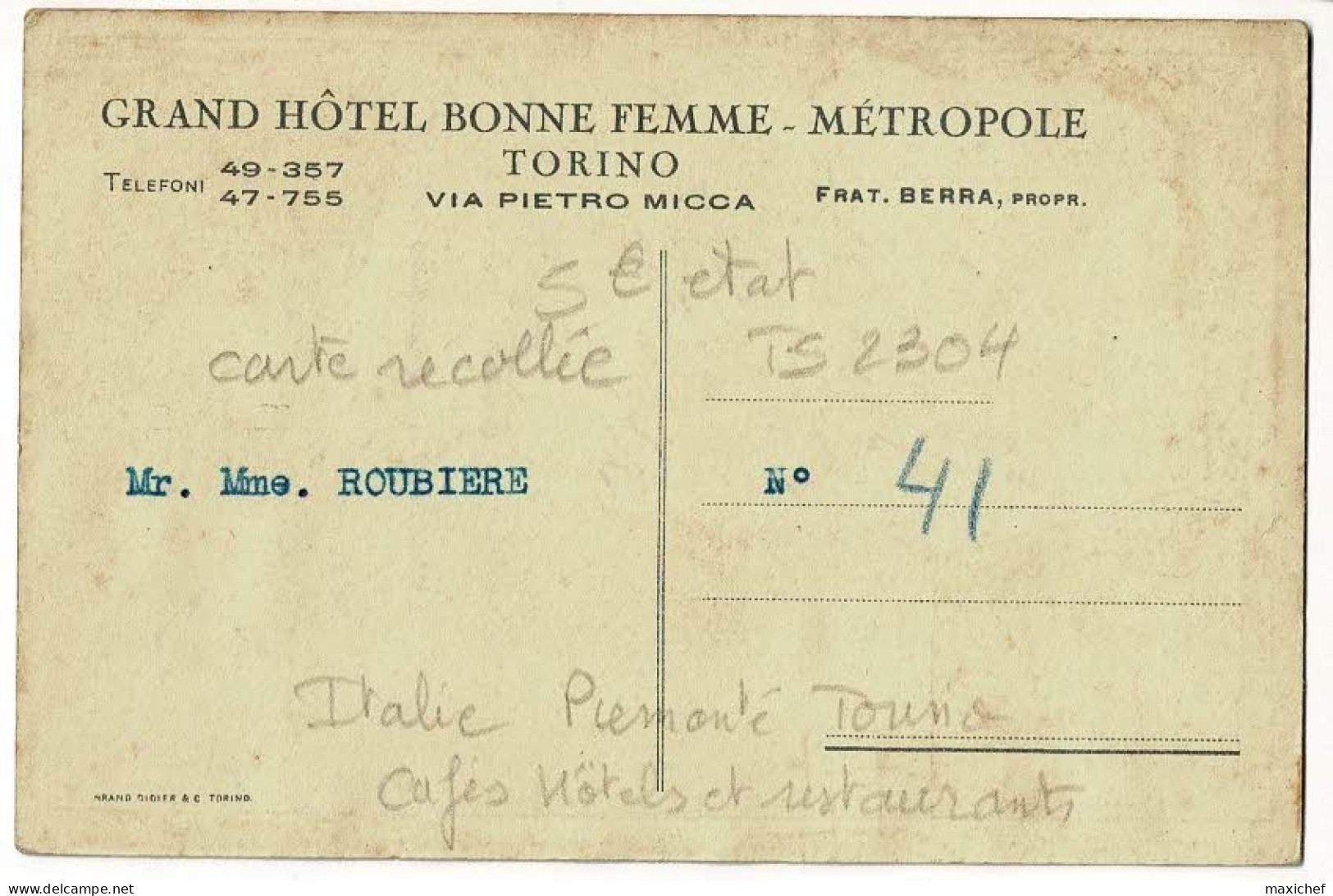 Carte Illustrée, E Berloquin - Grand Hôtel Bonne Femme - Métropole - Via Pietro Micca - Torino - Pas Circ, CP Recollée - Bars, Hotels & Restaurants