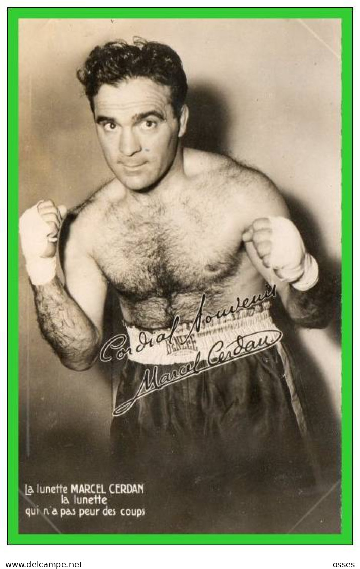 DEUX CARTES Identiques MARCEL CERDAN .publicité" La Lunette Qui N'a Peur Des Coups !! " (2 Rectos ) - Boxe